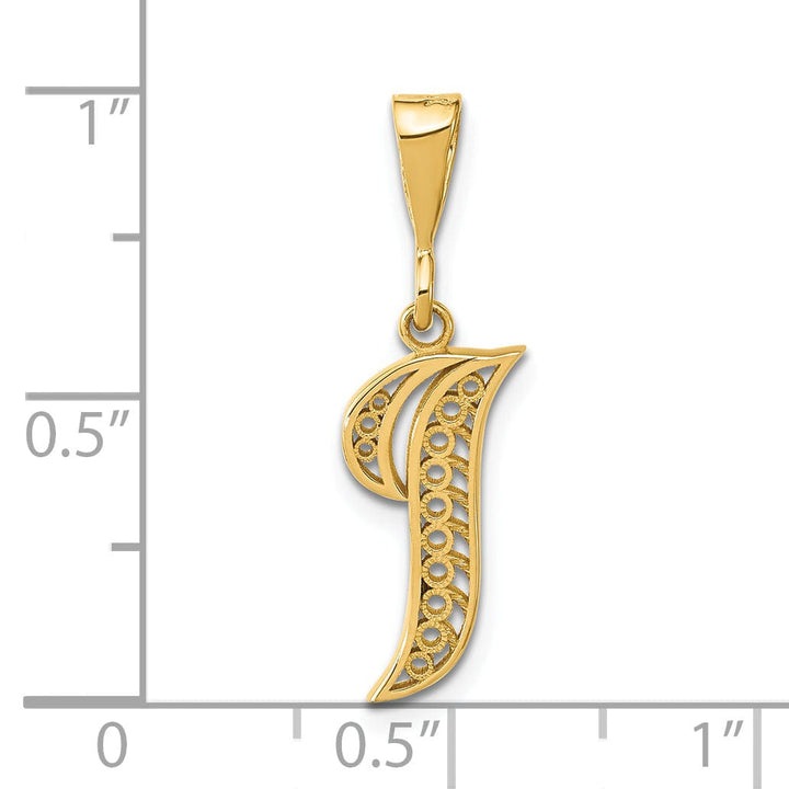 14K Yellow GoldFancy Filigree Script Design Letter I Initial Pendant