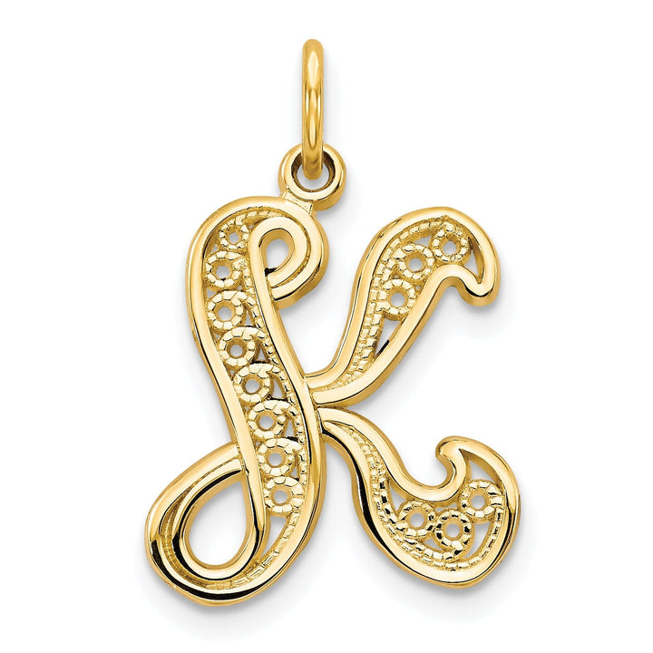 14K Yellow GoldFancy Filigree Script Design Letter K Initial Pendant