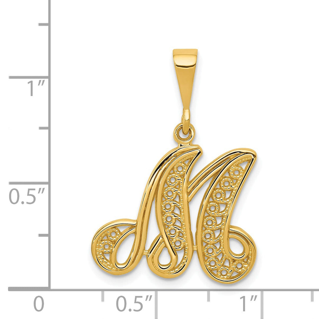 14K Yellow GoldFancy Filigree Script Design Letter M Initial Pendant