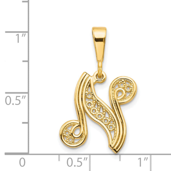 14K Yellow GoldFancy Filigree Script Design Letter N Initial Pendant