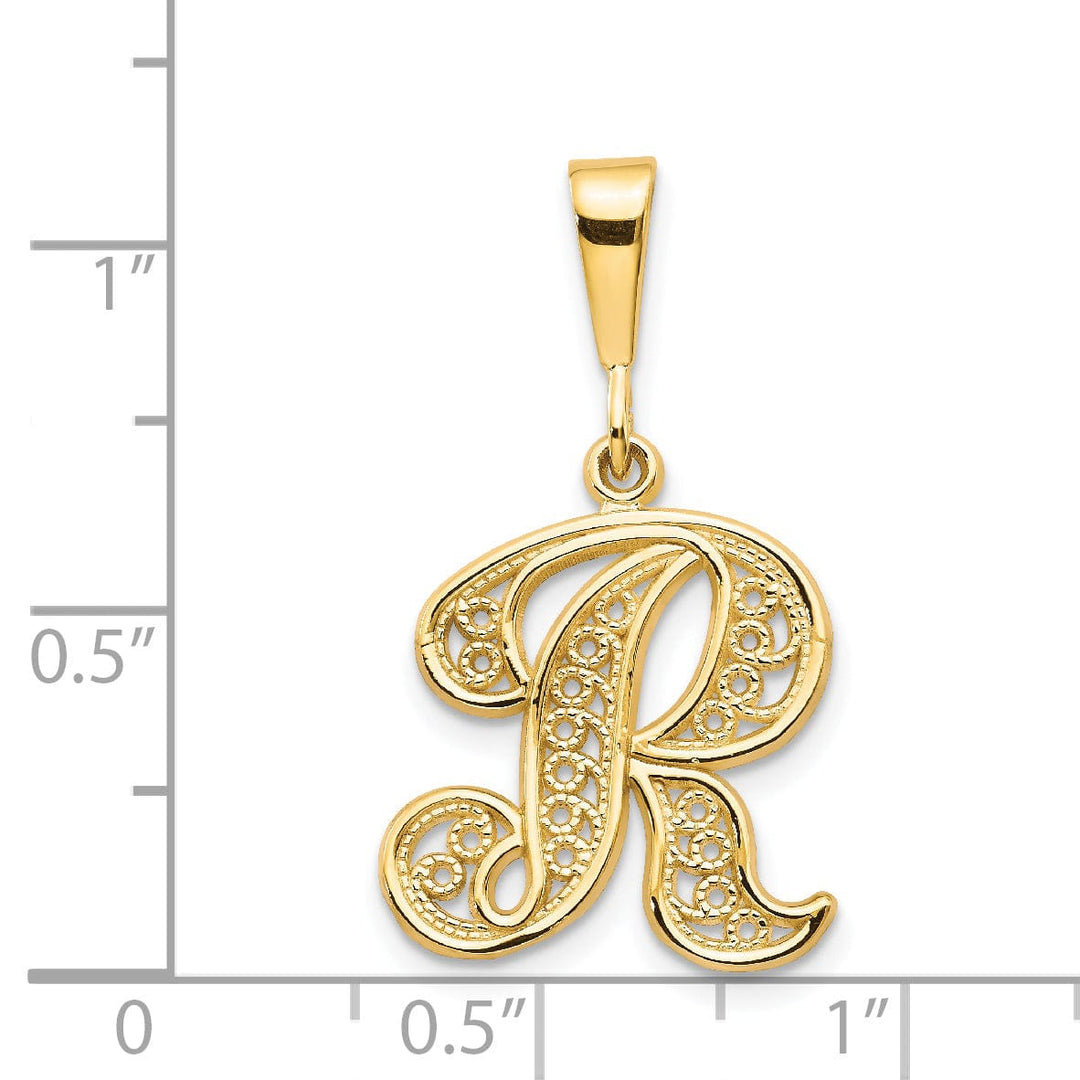 14K Yellow GoldFancy Filigree Script Design Letter R Initial Pendant