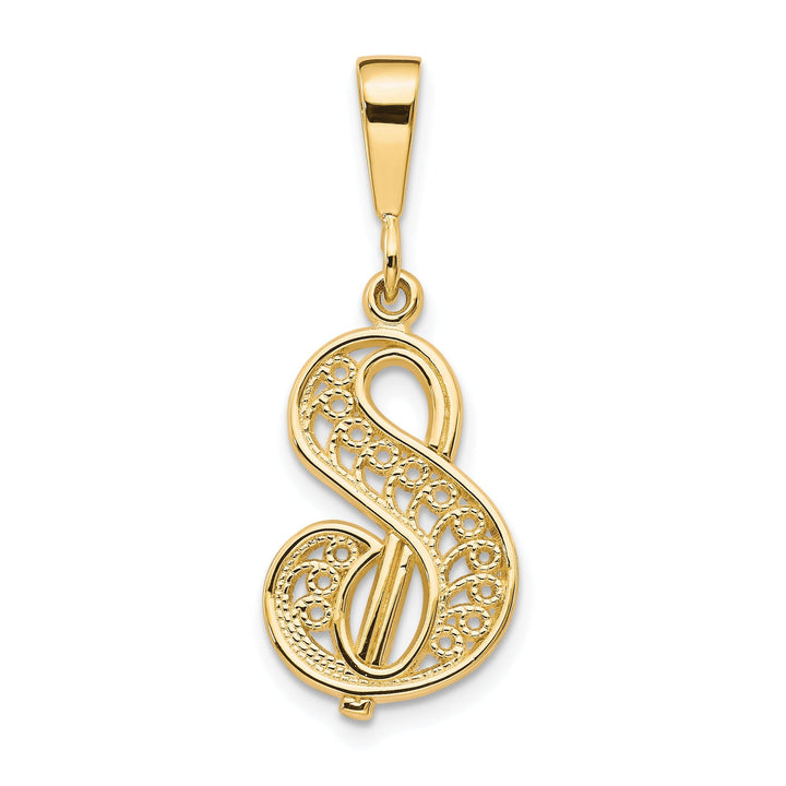 14K Yellow GoldFancy Filigree Script Design Letter S Initial Pendant