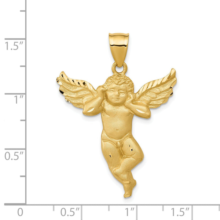 14K Yellow Gold Satin Finish Solid Angel With Wings Pendant