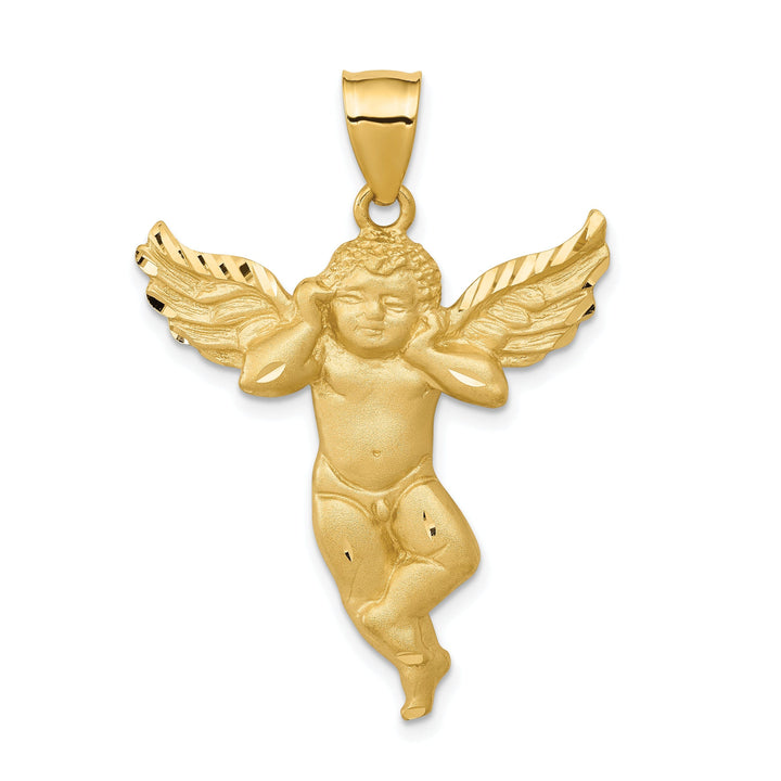 14K Yellow Gold Satin Finish Solid Angel With Wings Pendant