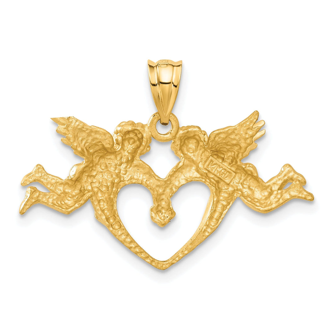 14k Yellow Gold Satin D.C Finish Solid Two Angels Heart Pendant