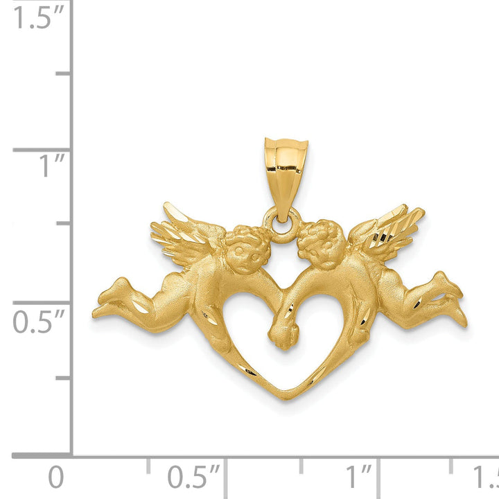 14k Yellow Gold Satin D.C Finish Solid Two Angels Heart Pendant