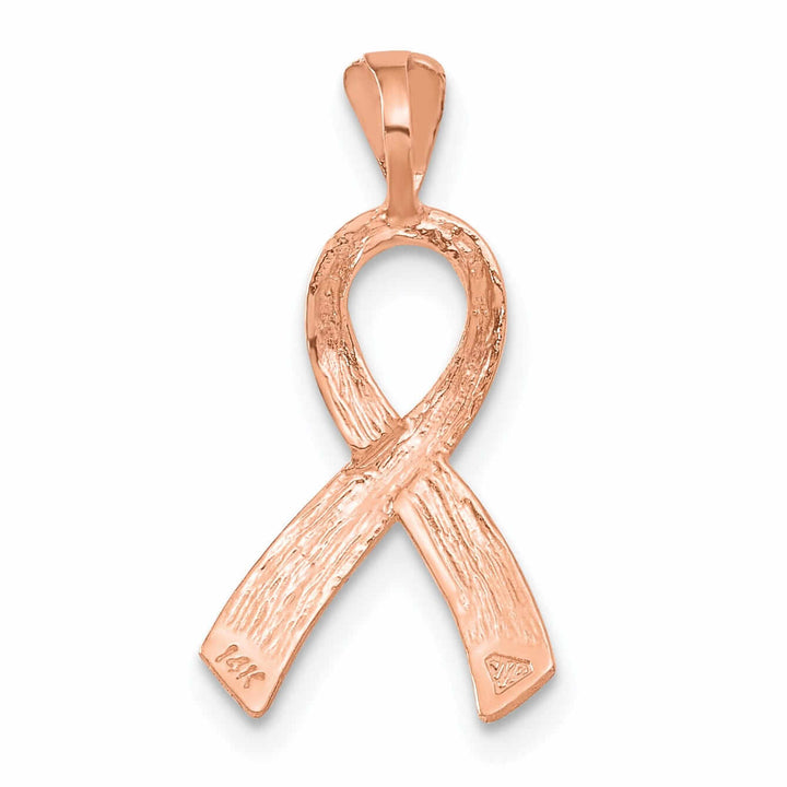 14k Rose Gold Solid Textured Brushed Diamond Cut Finish Awareness Ribbon Charm Pendant