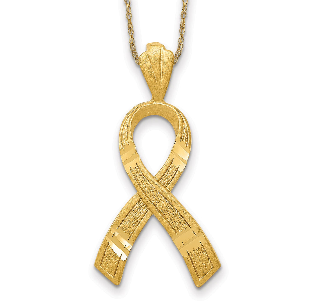 14k Yellow Gold Solid Brushed Diamond Cut Finish Awareness Ribbon with 18-inch Rope Style Chain Necklace