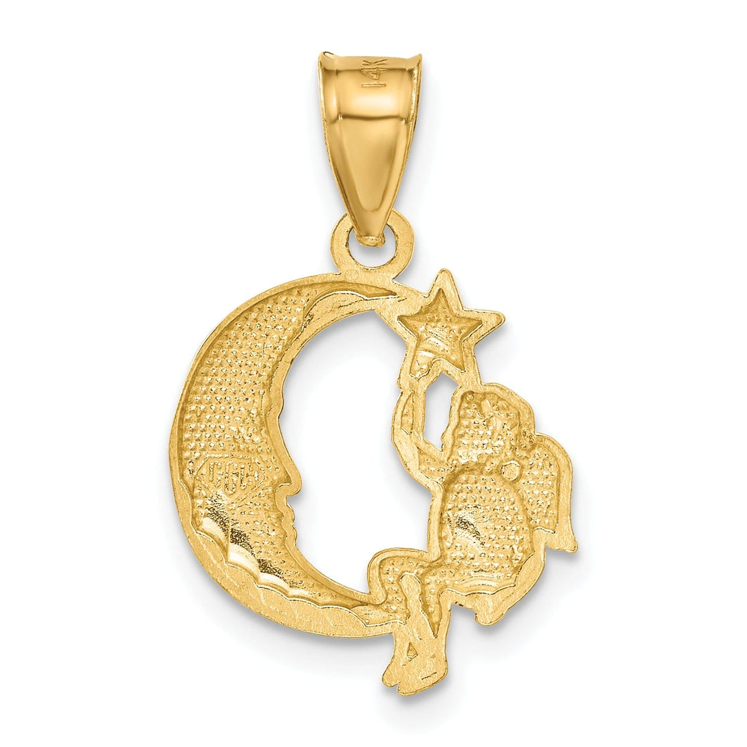 14K Yellow Gold Polished Finish Solid Angel in Moon and Star Pendant
