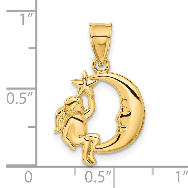 14K Yellow Gold Polished Finish Solid Angel in Moon and Star Pendant