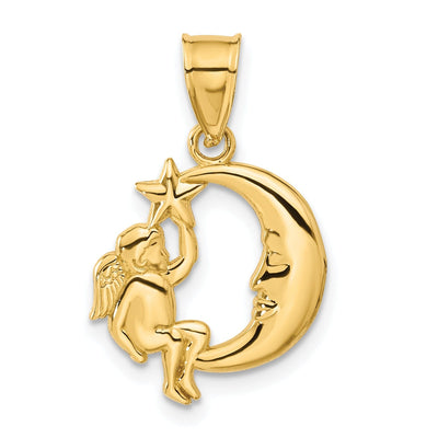 14K Yellow Gold Polished Finish Solid Angel in Moon and Star Pendant