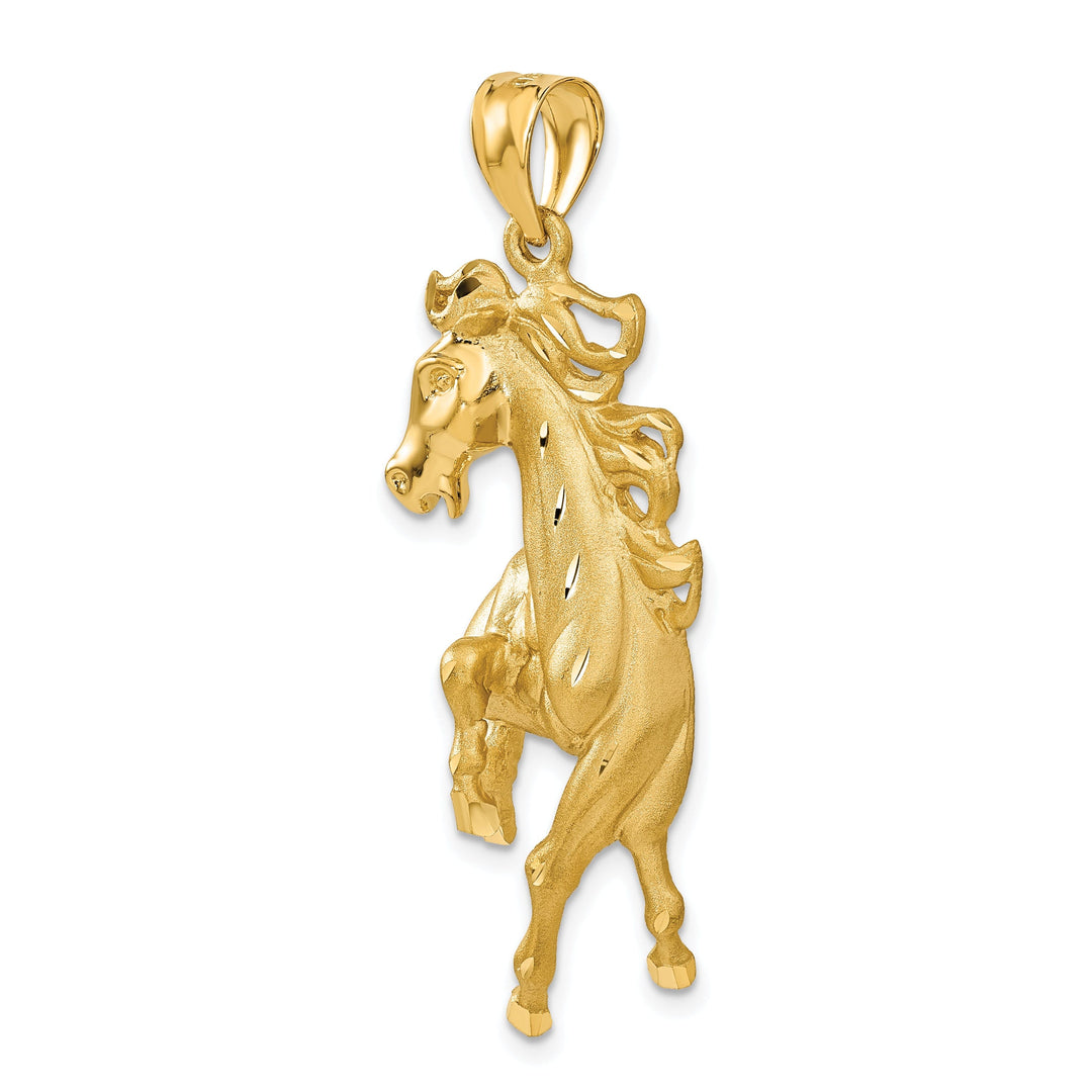 14k Yellow Gold Solid Diamond Cut Brushed Finish Mens Horse Charm Pendant