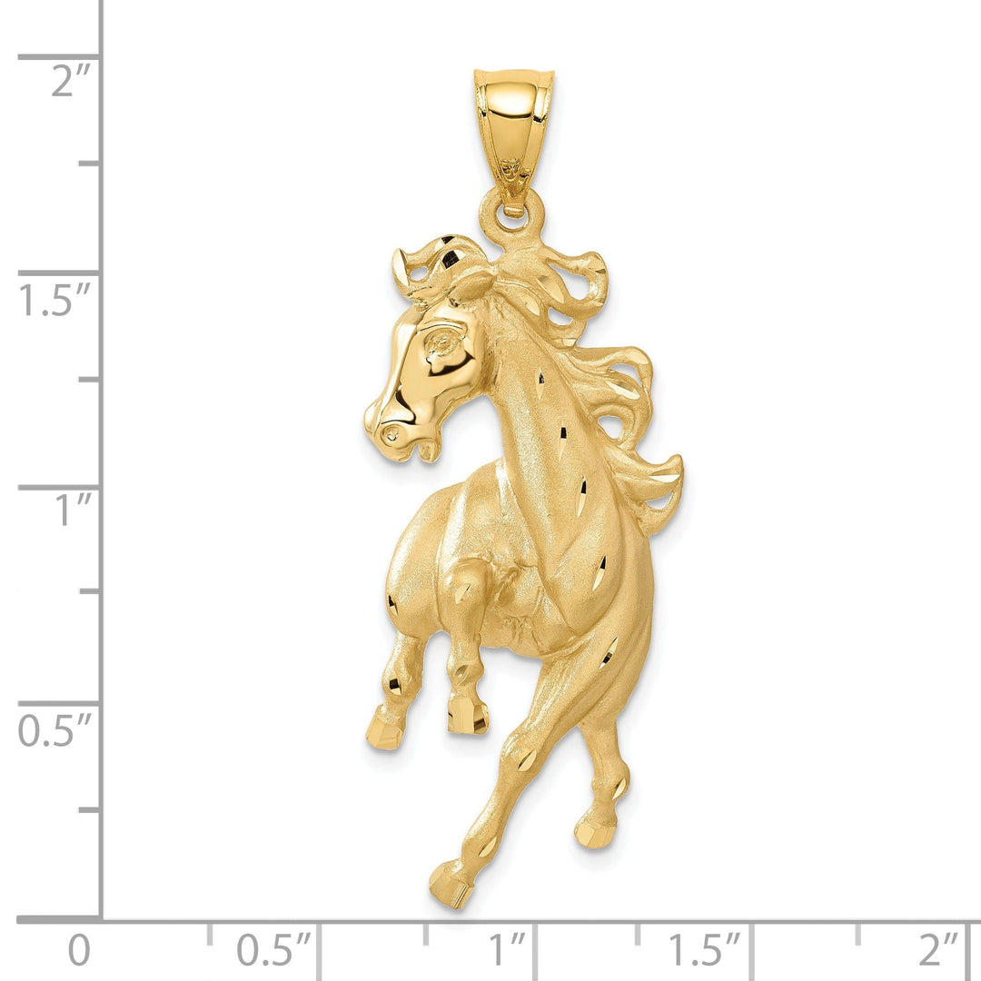 14k Yellow Gold Solid Diamond Cut Brushed Finish Mens Horse Charm Pendant
