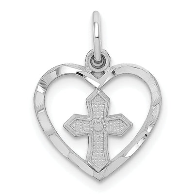 14k White Gold Polished D.C Finish Cross in Heart Shape Design Pendant