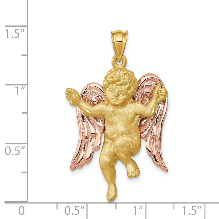 14k Two Tone Gold Satin Texture Finish Angel with Wings Pendant