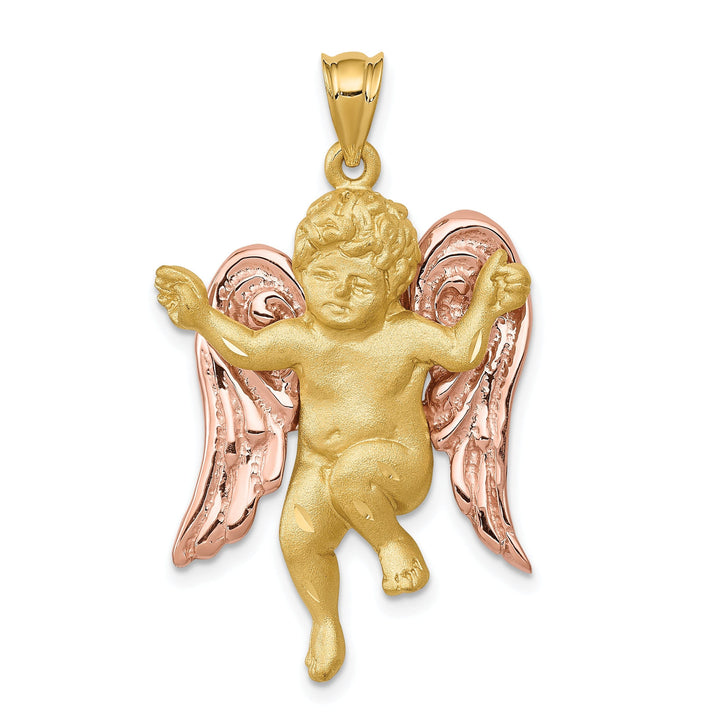 14k Two Tone Gold Satin Texture Finish Angel with Wings Pendant