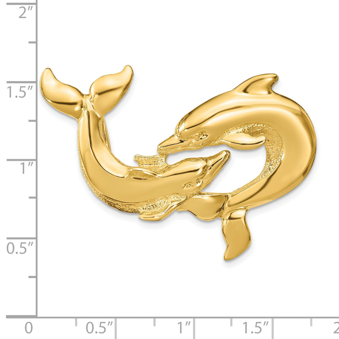 14k Yellow Gold Polished Finish Fits Up To 10mm Fancy Omega and 8mm Omega Solid Double Dolphins Slide