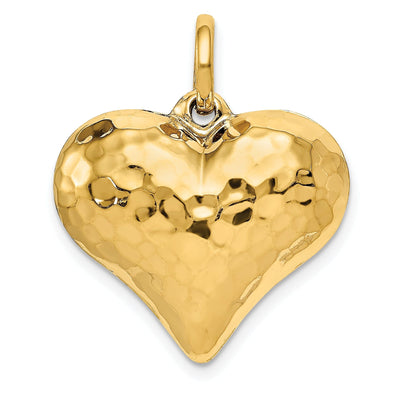 14K Yellow Gold Hollow Polished Hammered Finish 3 Dimenisonal Puff Heart Shape Design Charm Pendant