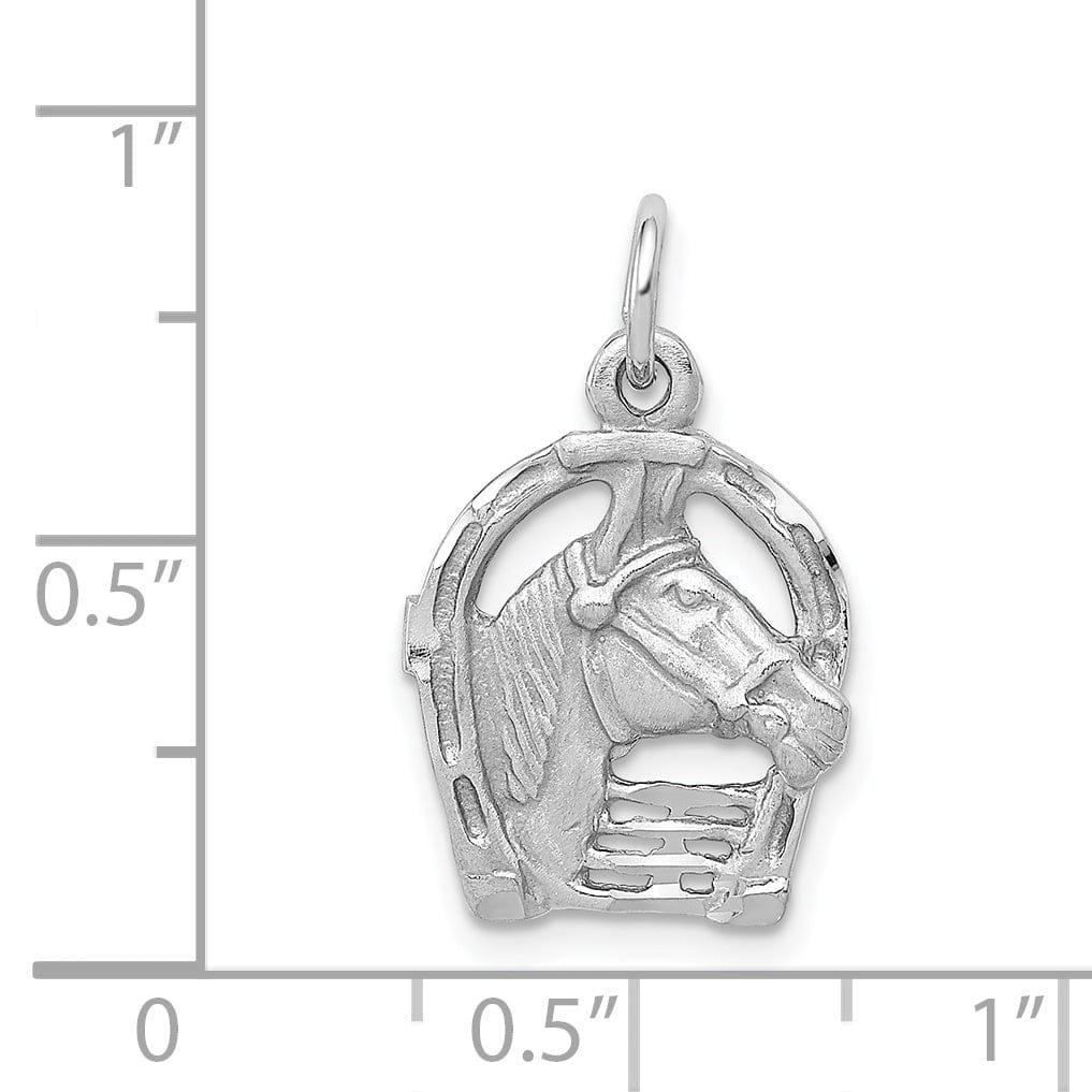 14k White Gold Textured Diamond Cut Polished Finish Horse Head in Horseshoe Charm Pendant