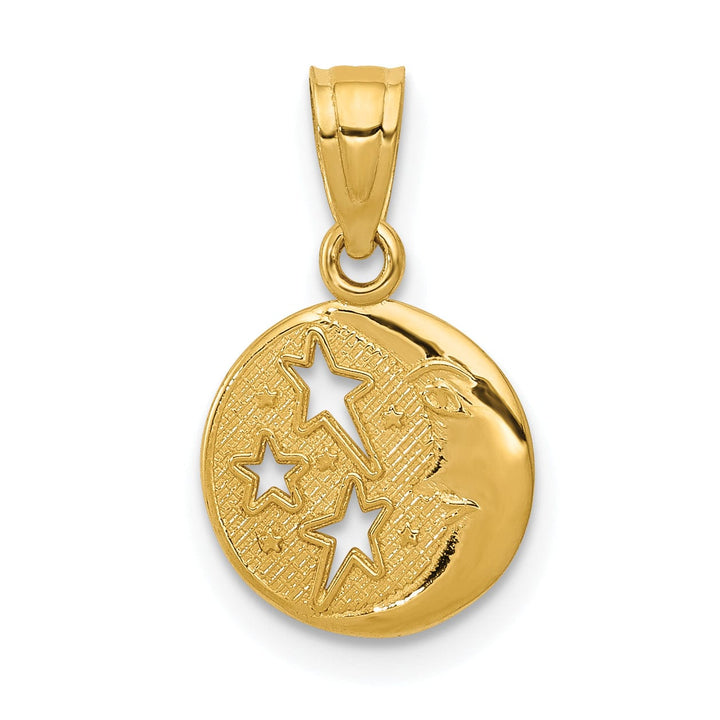 14k Yellow Gold Solid Textured Polished Finish Moon and Stars Design Charm Pendant