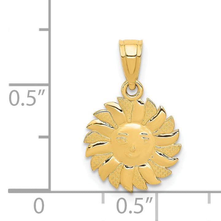 14k Yellow Gold Solid Textured Polished Finish Sun with Face Design Charm Pendant