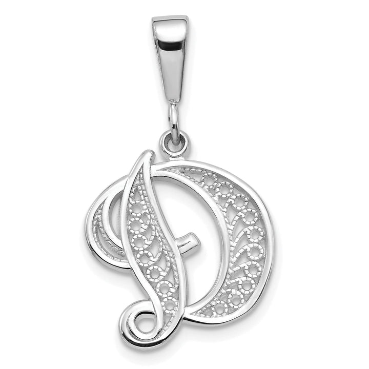 14K White GoldFancy Filigree Script Design Letter D Initial Pendant