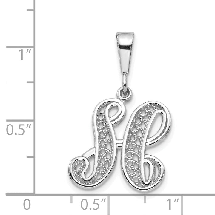 14K White GoldFancy Filigree Script Design Letter H Initial Pendant