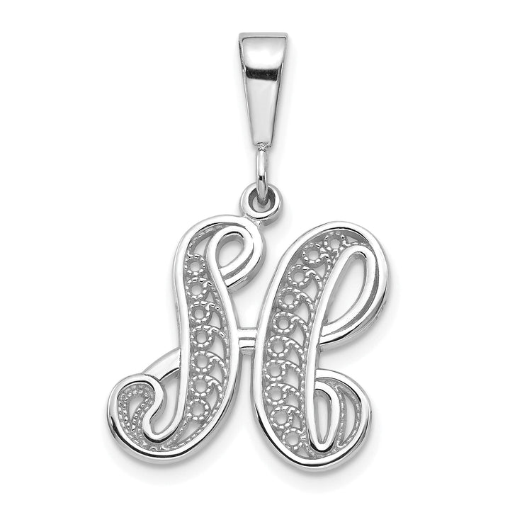 14K White GoldFancy Filigree Script Design Letter H Initial Pendant