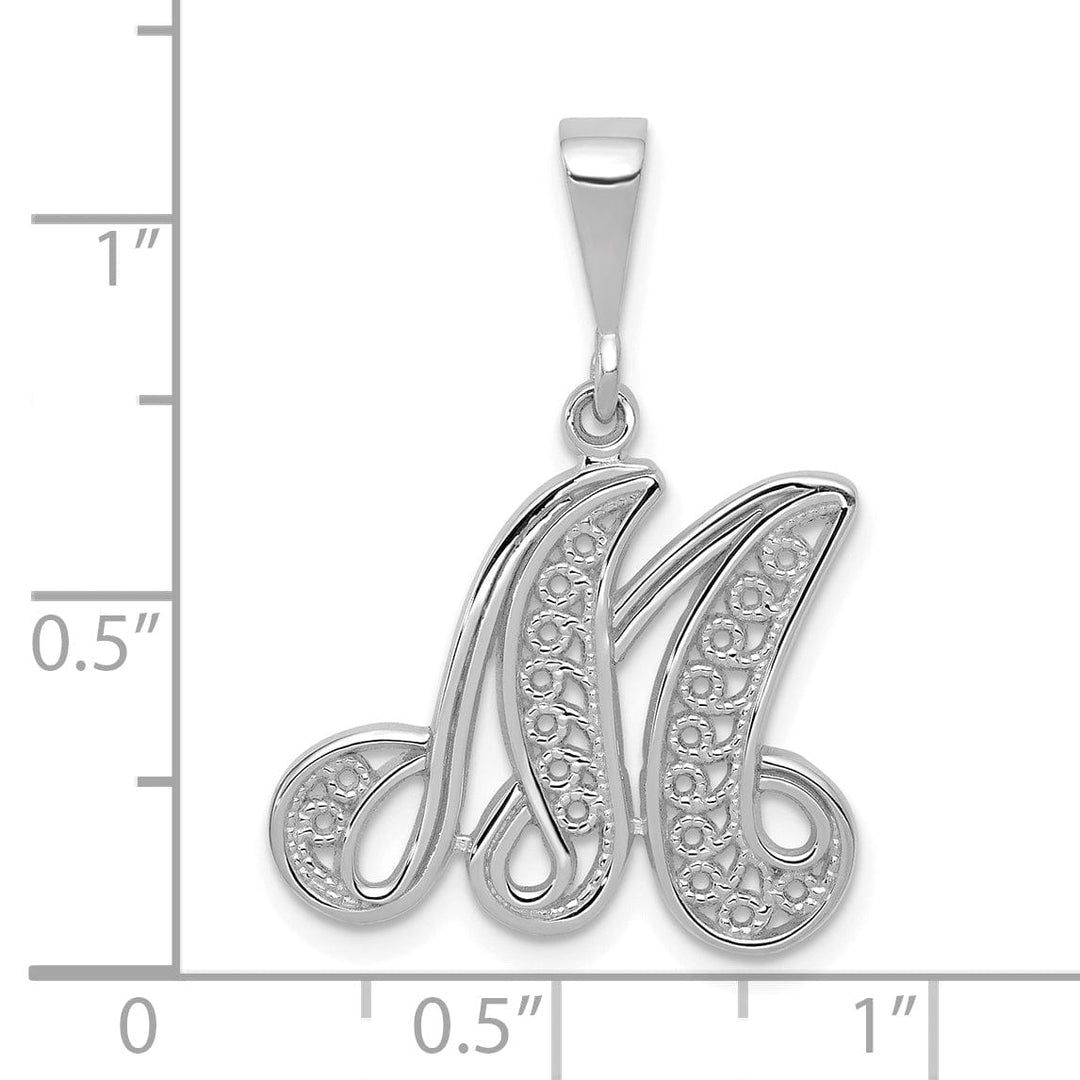 14K White GoldFancy Filigree Script Design Letter M Initial Pendant