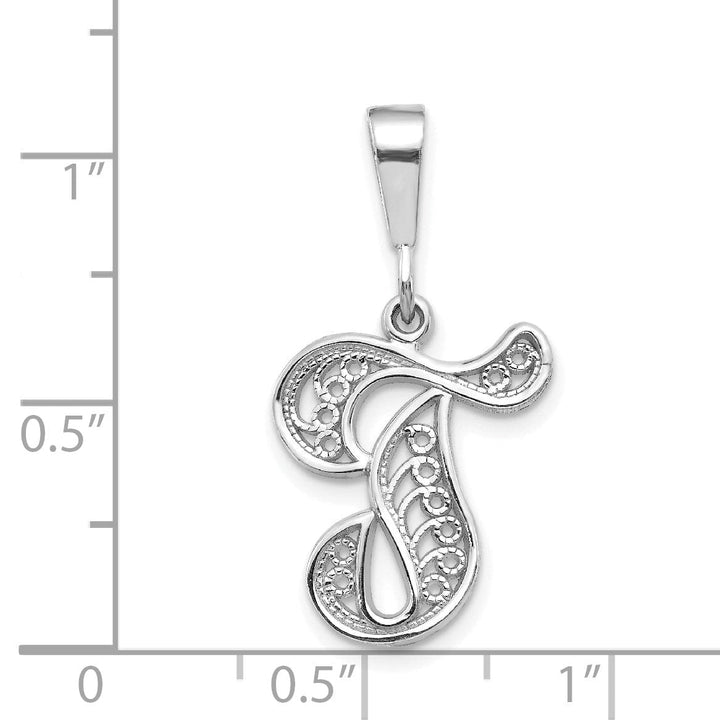 14K White GoldFancy Filigree Script Design Letter T Initial Pendant