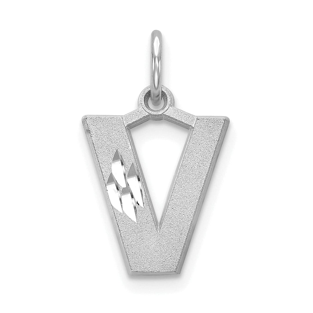 14k White Gold Satin Diamond Cut Finish Letter V Initial Pendant