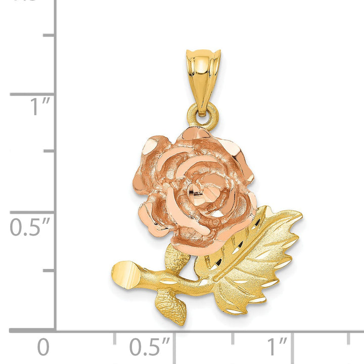 14k Two-Tone Gold Solid Polished Brushed Textured Back Diamond-cut Flower Charm Pendant