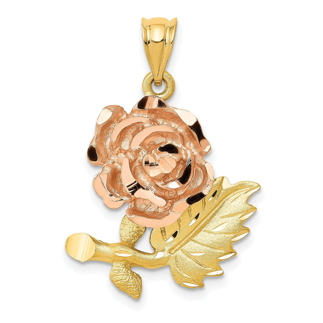 14k Two-Tone Gold Solid Polished Brushed Textured Back Diamond-cut Flower Charm Pendant