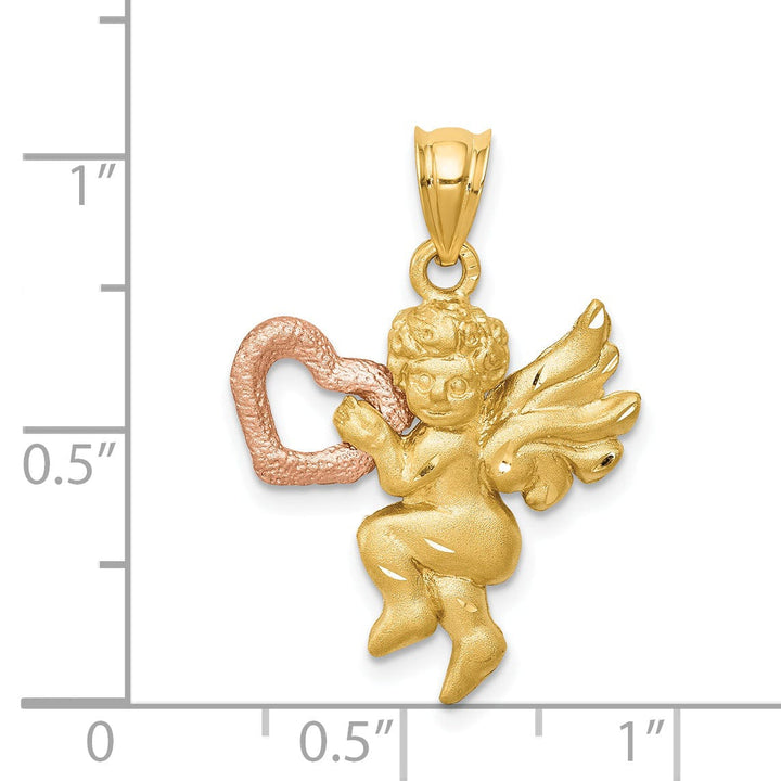 14k Yellow Rose Gold Satin D.C Finish Angel Holding Heart Pendant