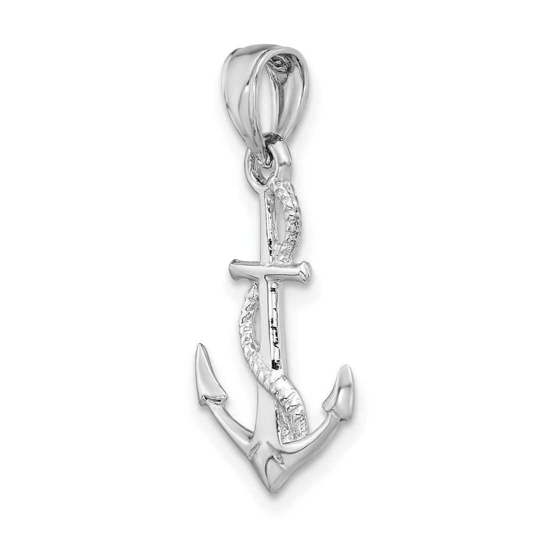 14K White Gold Polished Finished 3-Dimensional with Rope Design Solid Anchor Charm Pendant