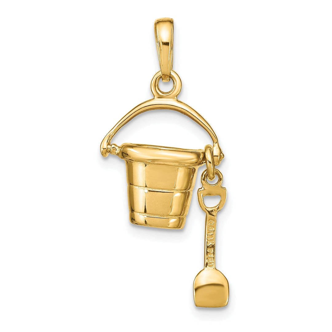 14k Yellow Gold Solid Polished Finish Moveable 3-Dimensional Beach Pail with Shovel Charm Pendant