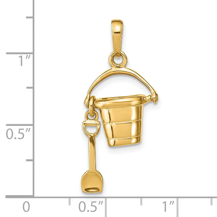 14k Yellow Gold Solid Polished Finish Moveable 3-Dimensional Beach Pail with Shovel Charm Pendant