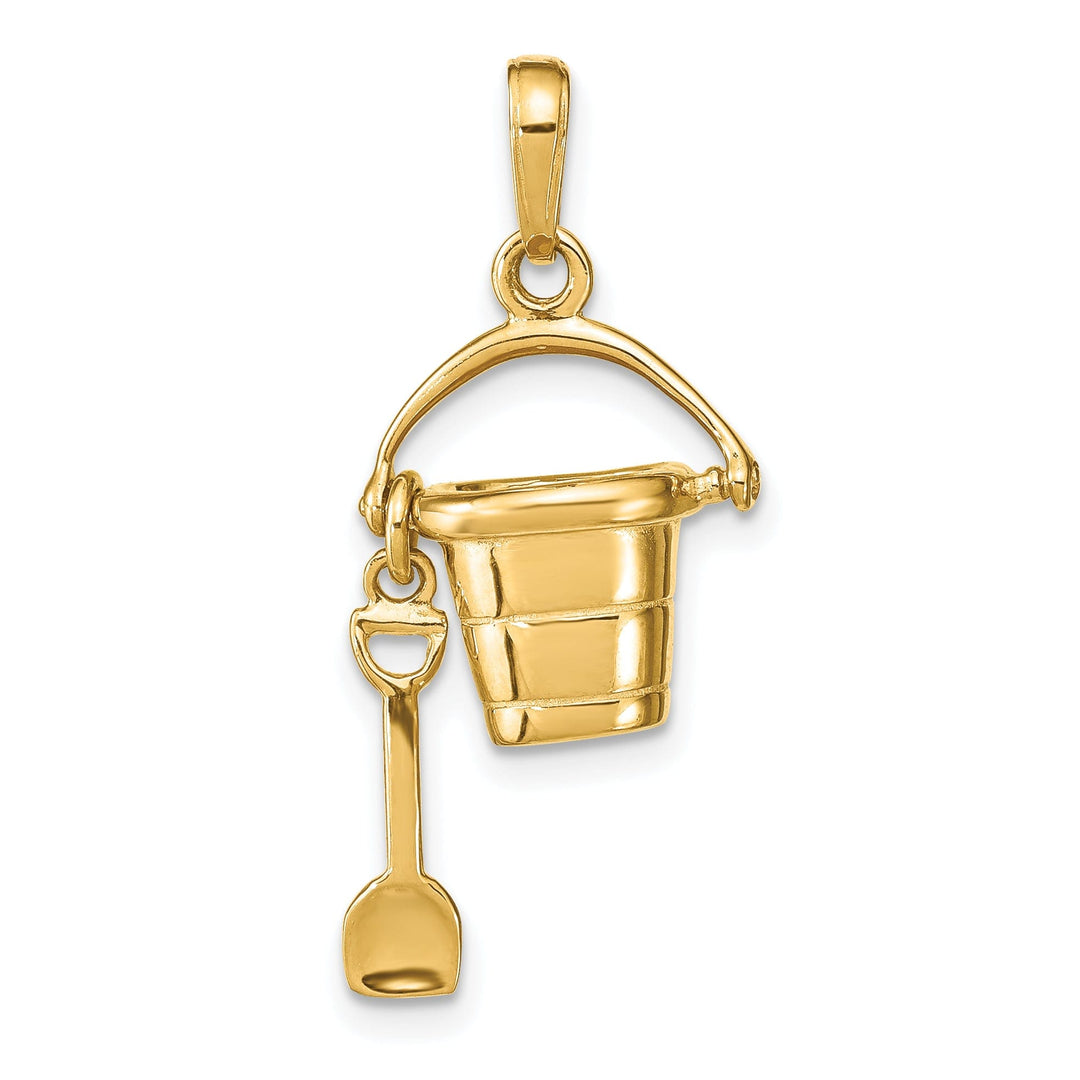14k Yellow Gold Solid Polished Finish Moveable 3-Dimensional Beach Pail with Shovel Charm Pendant