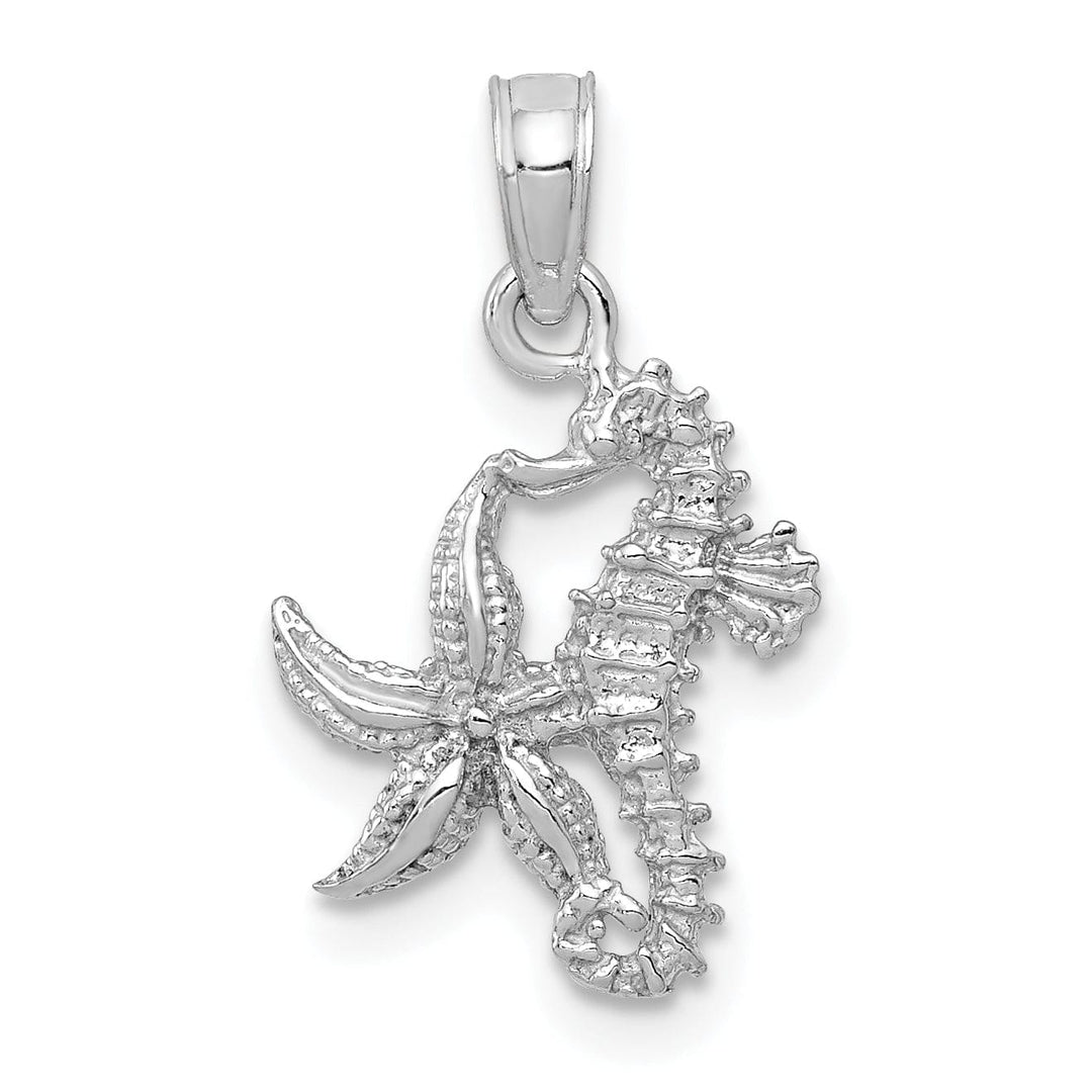 14K White Gold Solid Texture Polished Finish Men's Seahorse and Starfish Charm Pendant