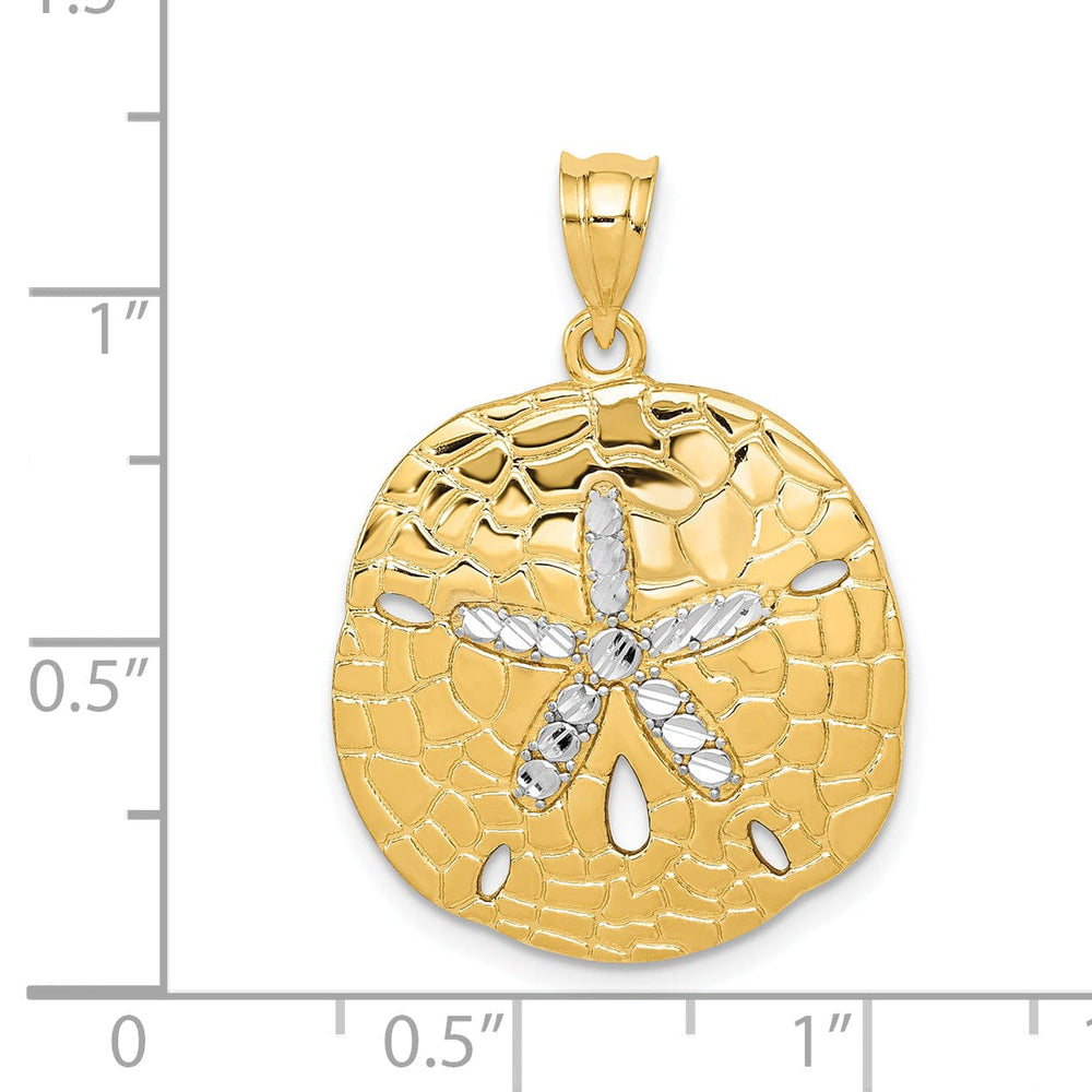 14K Yellow Gold, White Rhodium Polished Diamond Cut Finish Solid Sand Sea Dollar Charm Pendant