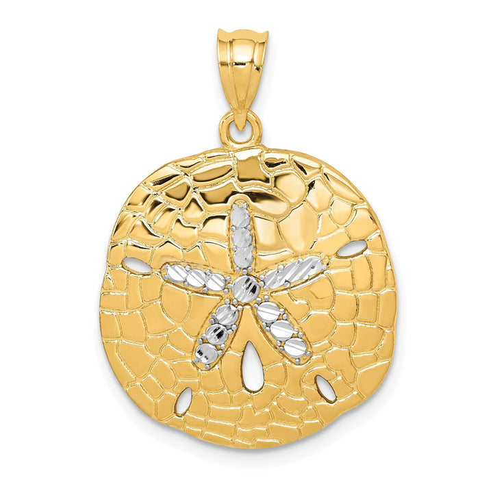 14K Yellow Gold, White Rhodium Polished Diamond Cut Finish Solid Sand Sea Dollar Charm Pendant