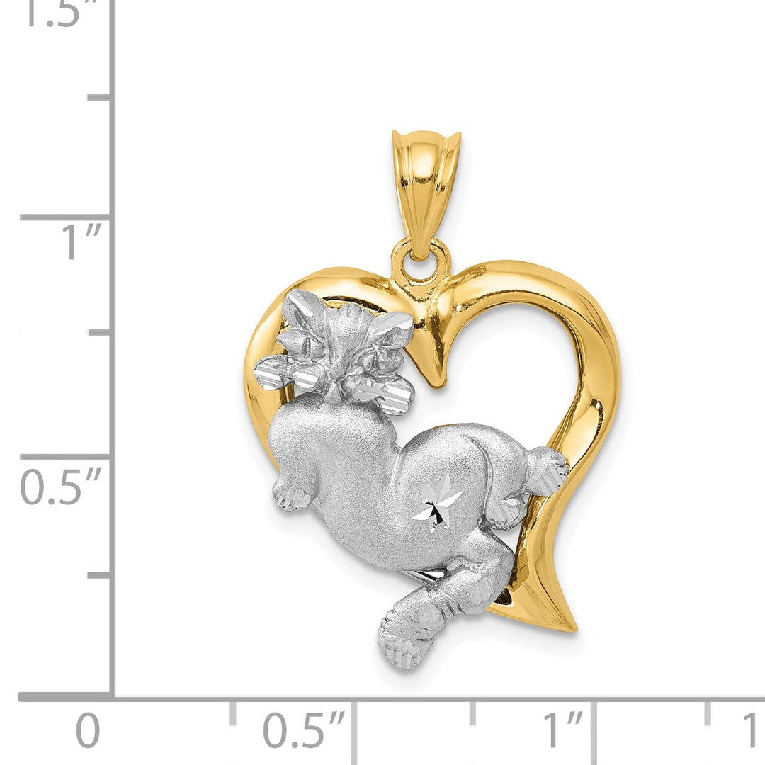 14k Two-Tone Gold Solid Diamond Cut Polished Brushed Finish Cat In Heart Design Charm Pendant