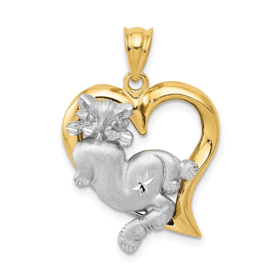 14k Two-Tone Gold Solid Diamond Cut Polished Brushed Finish Cat In Heart Design Charm Pendant