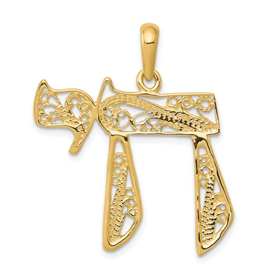 14k Yellow Gold Polished Textured Finish Filligree Chai Design Pendant at $ 245.09 only from Jewelryshopping.com