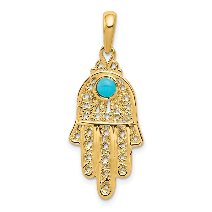 14k Yellow Gold Synthetic Turquoise Stone Filigree Chamseh Pendant