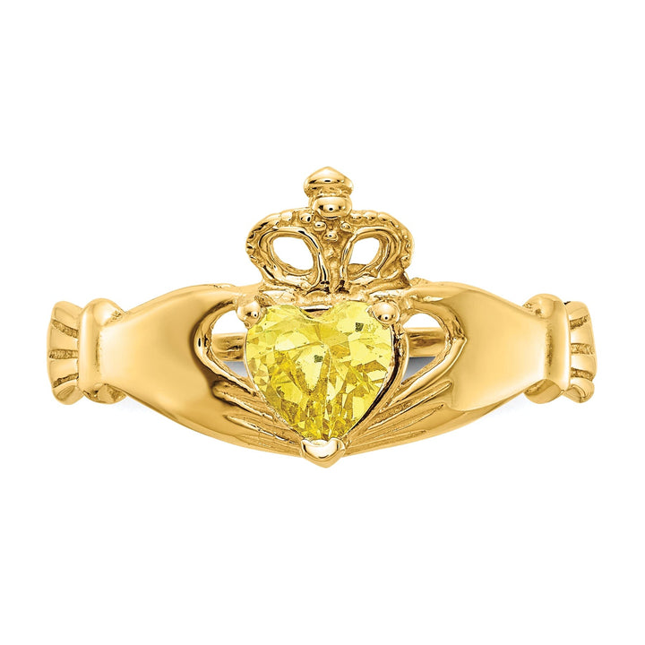 14k Yellow Gold CZ Birthstone Claddagh Heart Ring