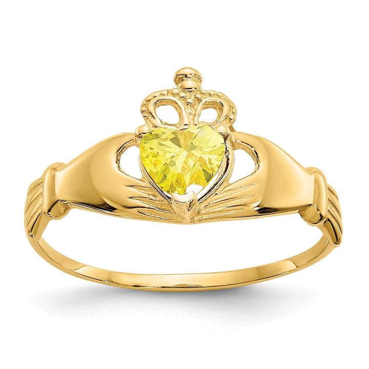 14k Yellow Gold CZ Birthstone Claddagh Heart Ring