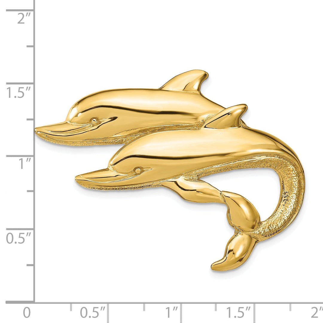 14k Yellow Gold Polished Finish Double Design Dolphins Slide Pendant. Fits up to 8mm Omega.