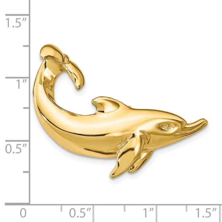 14k Yellow Gold Solid Polished Finish Dolphin with Tail Up Slide Design Pendant. Fits up to 8mm Omega