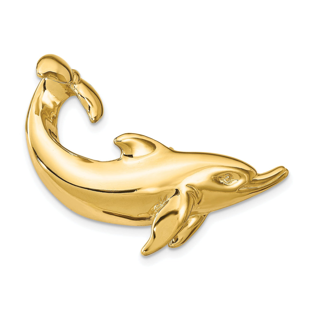 14k Yellow Gold Solid Polished Finish Dolphin with Tail Up Slide Design Pendant. Fits up to 8mm Omega